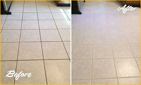 Before and After Picture of a Harrisburg Kitchen Ceramic Floor Sealed to Protect From Dirt and Spills