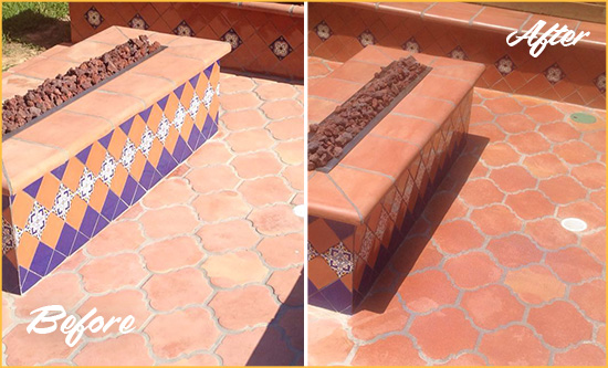 Before and After Picture of a Dull Tega Cay Terracotta Patio Floor Sealed For UV Protection