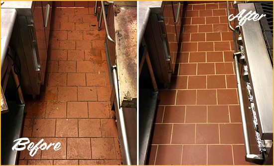 Before and After Picture of a Marvin Restaurant Kitchen Floor Sealed to Remove Soil