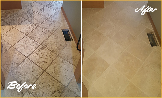 Before and After Picture of a Matthews Kitchen Marble Floor Cleaned to Remove Embedded Dirt