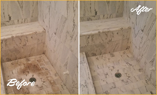 Before and After Picture of a Dirty Indian Land Marble Shower Cleaned to Eliminate Dark Stains