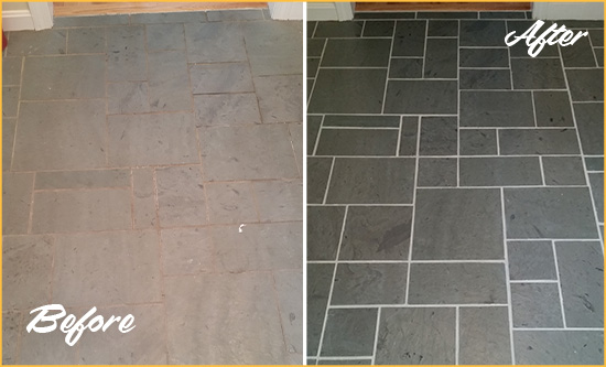 Before and After Picture of a Fort Mill Slate Floor Cleaned to Remove Deep-Seated Dirt