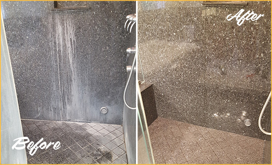 Before and After Picture of a Indian Trail Granite Shower Cleaned to Remove Mineral Deposits