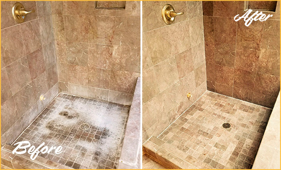Before and After Picture of a Marvin Travertine Shower Cleaned to Eliminate Water Spots