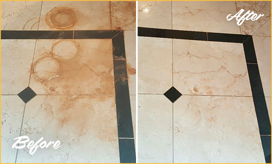 Before and After Picture of a Indian Land Marble Floor Cleaned to Eliminate Rust Stains