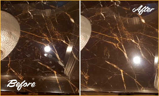 Before and After Picture of a Marvin Marble Countertop Cleaned to Remove Water Spots