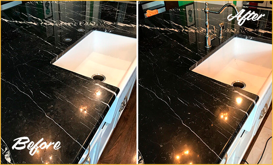 Before and After Picture of a Fort Mill Marble Kitchen Countertop Stone Sealed to Avoid Water Damage