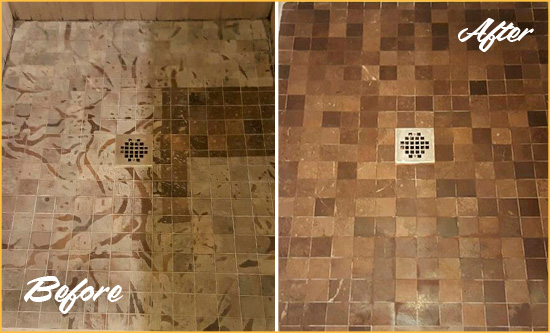 Before and After Picture of a Harrisburg Marble Shower Honed to Remove Etching