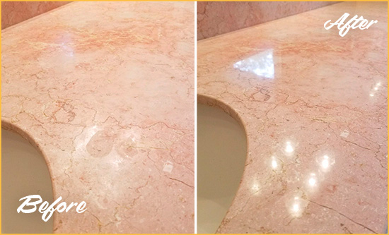 Before and After Picture of a Pineville Marble Vanity Top Honed to Eliminate Water Spots