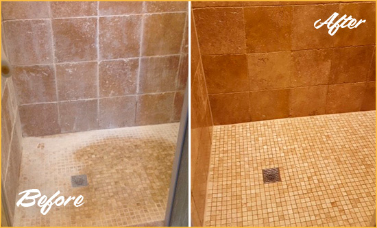 Before and After Picture of a Indian Trail Travertine Shower Honed to Remove Mineral Deposits
