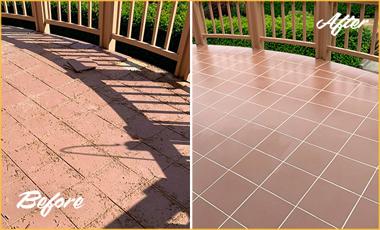 Before and After Picture of a Matthews Hard Surface Restoration Service on a Tiled Deck
