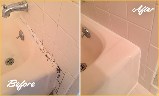 Before and After Picture of a Stallings Hard Surface Restoration Service on a Tile Shower to Repair Damaged Caulking