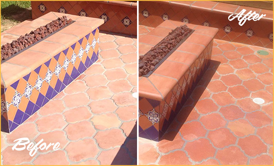 Before and After Picture of a Rock Hill Hard Surface Restoration Service on a Dull Terracotta Patio Floor to Recover Its Color