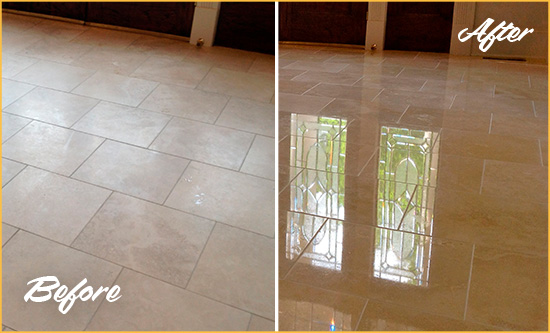 Before and After Picture of a Charlotte Hard Surface Restoration Service on a Dull Travertine Floor Polished to Recover Its Splendor