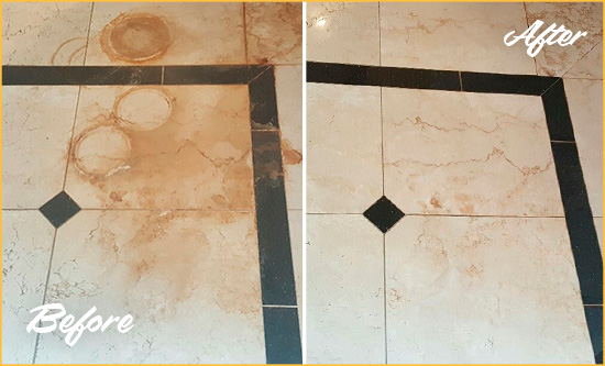 Before and After Picture of a Harrisburg Hard Surface Restoration Service on a Marble Floor to Eliminate Rust Stains