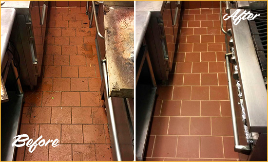 Before and After Picture of a Weddington Hard Surface Restoration Service on a Restaurant Kitchen Floor to Eliminate Soil and Grease Build-Up