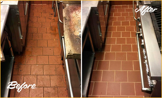 Before and After Picture of a Charlotte Hard Surface Restoration Service on a Restaurant Kitchen Floor to Eliminate Soil and Grease Build-Up