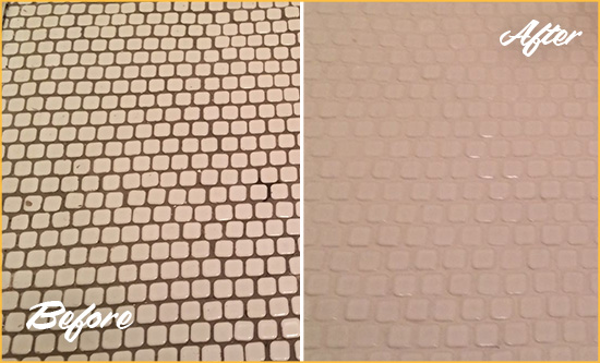 Before and After Picture of a Mint Hill Hard Surface Restoration Service on a Bathroom Tile Floor Recolored to Fix Grout Color