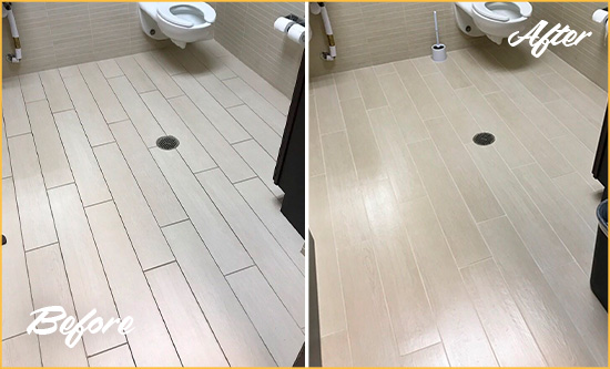 Before and After Picture of a Indian Land Office Restroom's Grout Cleaned to Remove Dirt