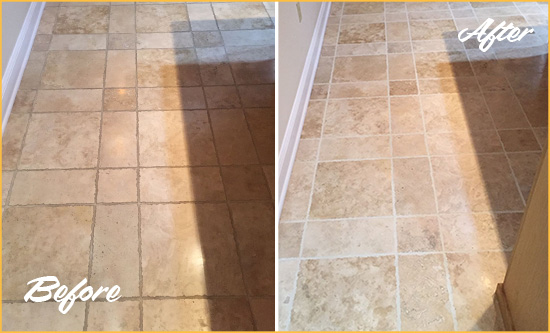 Before and After Picture of a Harrisburg Travertine Kitchen Floor Recolored Grout