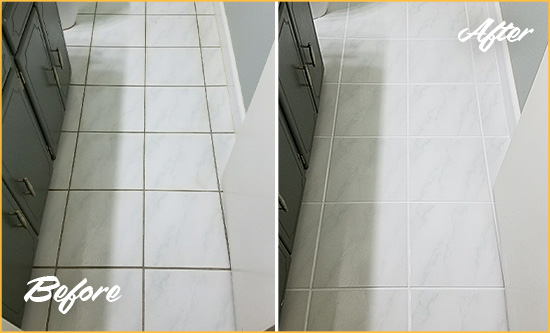 Before and After Picture of a Monroe White Ceramic Tile with Recolored Grout