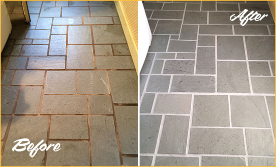 Before and After Picture of Damaged Cornelius Slate Floor with Sealed Grout