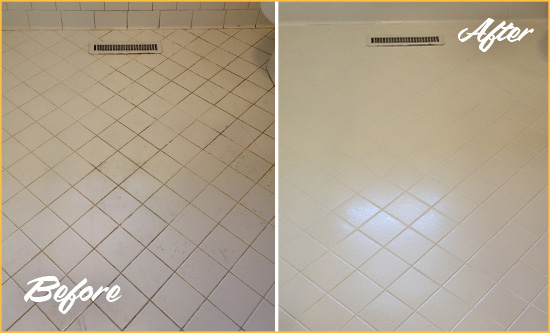 Before and After Picture of a Weddington White Bathroom Floor Grout Sealed for Extra Protection