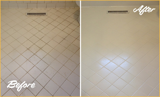 Before and After Picture of a Monroe White Bathroom Floor Grout Sealed for Extra Protection