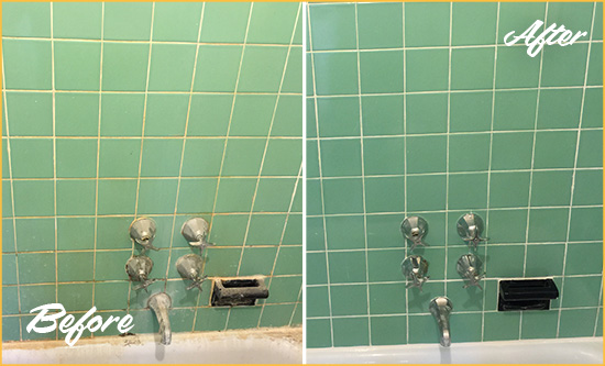 Before and After Picture of a Waxhaw Bath Tub Grout Sealed to Avoid Water Damage