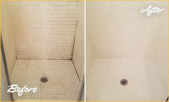 Before and After Picture of a Marvin Bathroom Grout Sealed to Remove Mold