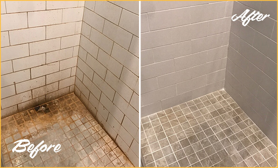 Before and After Picture of a Marvin Shower Grout Sealed to Eliminate Mold