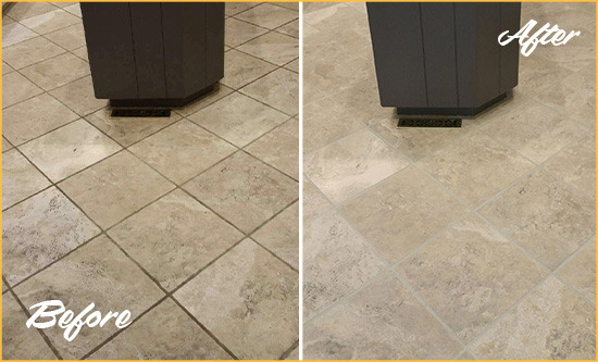 Before and After Picture of a Matthews Kitchen Floor Grout Sealed to Remove Stains