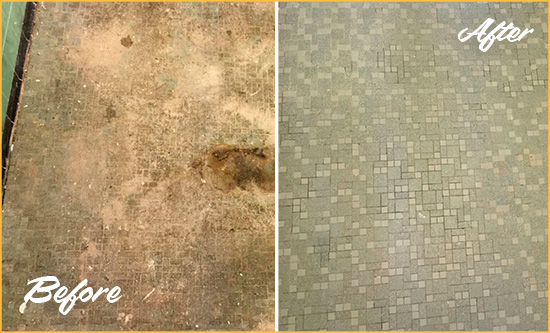 Before and After Picture of a Wesley Chapel Mosaic Shower Cleaned to Eliminate Embedded Dirt