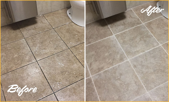 Before and After Picture of a Tega Cay Restroom Floor Cleaned to Eliminate Dirt