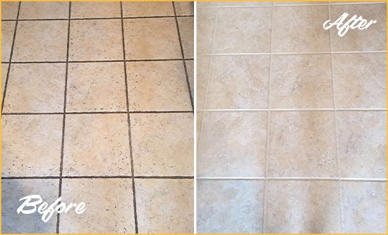 Before and After Picture of a Indian Trail Ceramic Floor Cleaned to Remove Soil