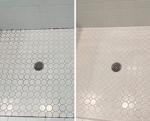 Shower Before and After Our Grout Sealing in Matthews, SC