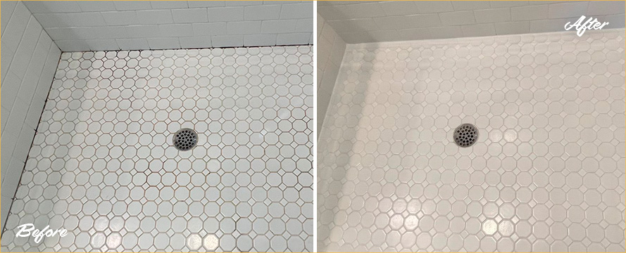 Shower Before and After Our Grout Sealing in Matthews, SC