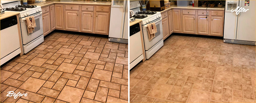 Kitchen Floor Before and After a Grout Sealing in Davidson