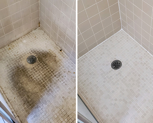Shower Floor and Walls Before and After a Tile Cleaning in Fort Mill