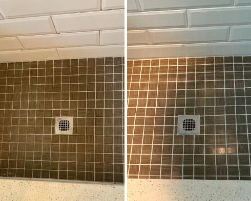 A Tile Shower Before and After Our Hard Surface Restoration Services in Matthews