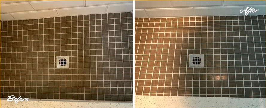 A Tile Shower Before and After Our Hard Surface Restoration Services in Matthews