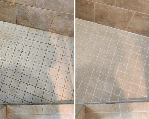 Shower Floor Before and After a Grout Sealing in Charlotte