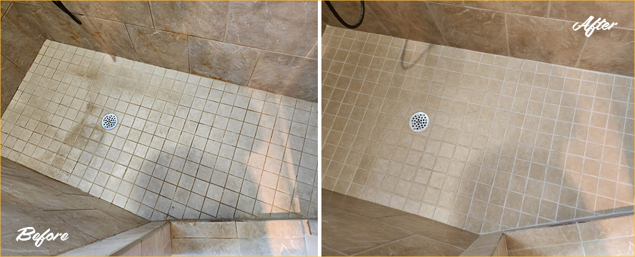 Shower Floor Before and After a Grout Sealing in Charlotte