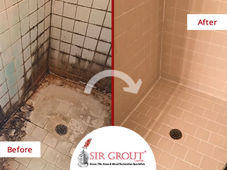 Before and After Picture of a Shower Tile Cleaning Service in Matthews, NC