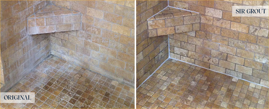 Shower Before and After a Remarkable Stone Cleaning in Charlotte, NC