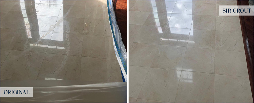 Entryway Floor Before and After a Stone Honing in Matthews