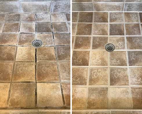 Shower Floor Before and After Our Caulking Services in Davidson