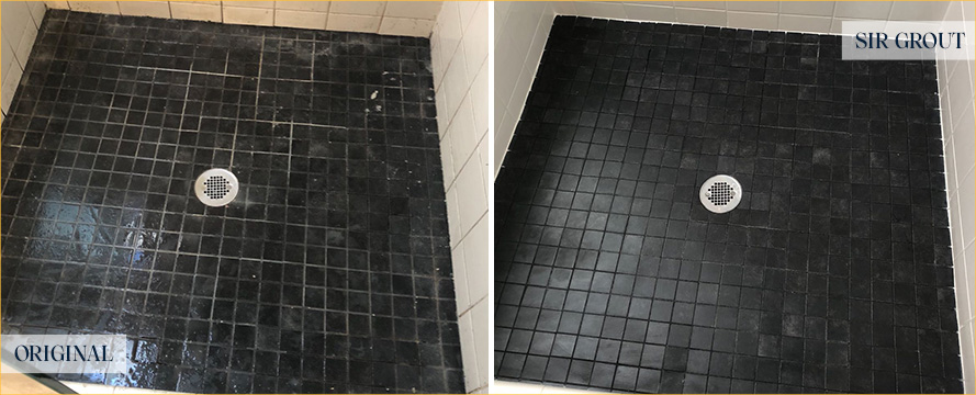 Shower Floor and Seams Before and After a Tile Cleaning in Matthews