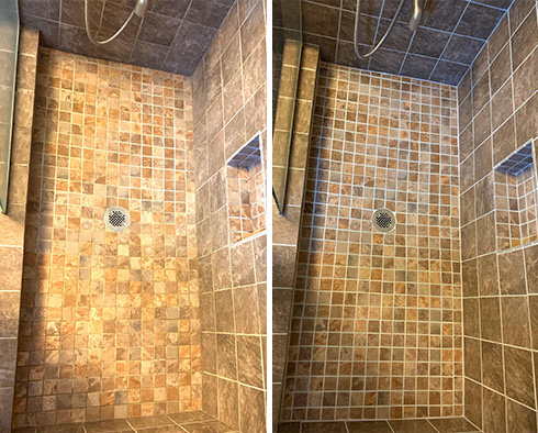 Shower Floor and Walls Before and After a Stone Cleaning in Charlotte