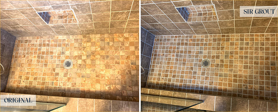 Shower Floor and Walls Before and After a Stone Cleaning in Charlotte